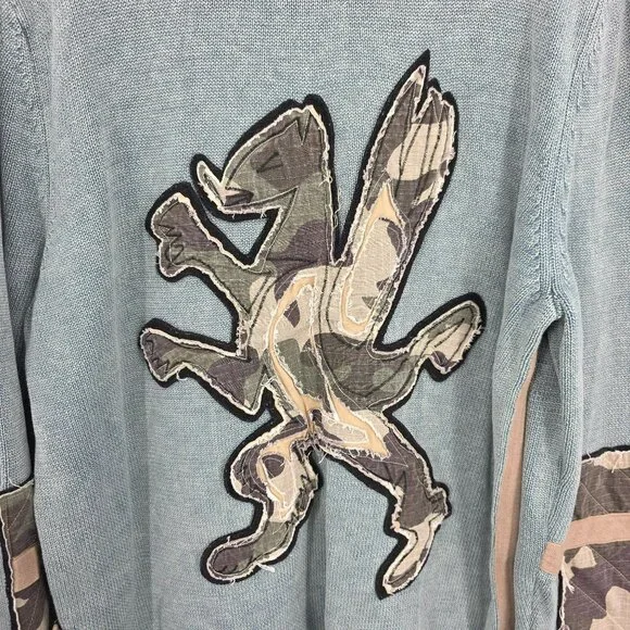 Express Sweater L Green Camo Lion Patches Elbows Side Heavy 90s Y2K Rolled Edges